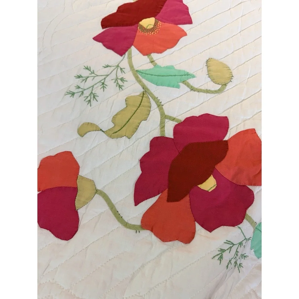 BEAUTIFUL Vtg Red Green Salmon Poppy Applique Antique Quilt Scallop GREAT DESIGN